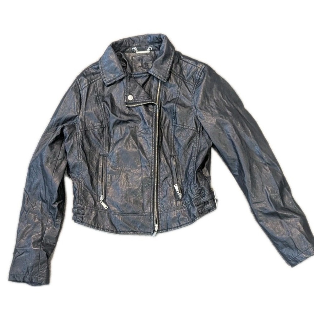 JOU JOU L Moto Jacket Black Vegan Leather Assymetric Zip Lined Pockets Emo Biker